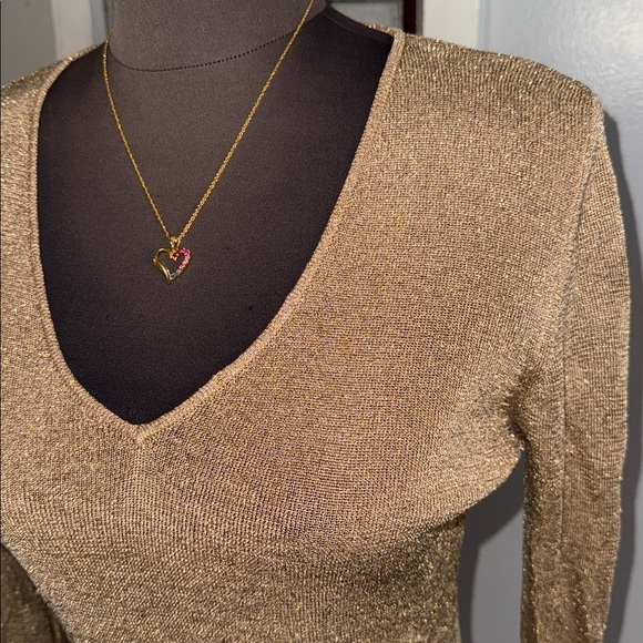 Naf Naf Y2K Gold Metallic Knit V Neck Bell Sleeve Top SZ Medium - Picture 2 of 9